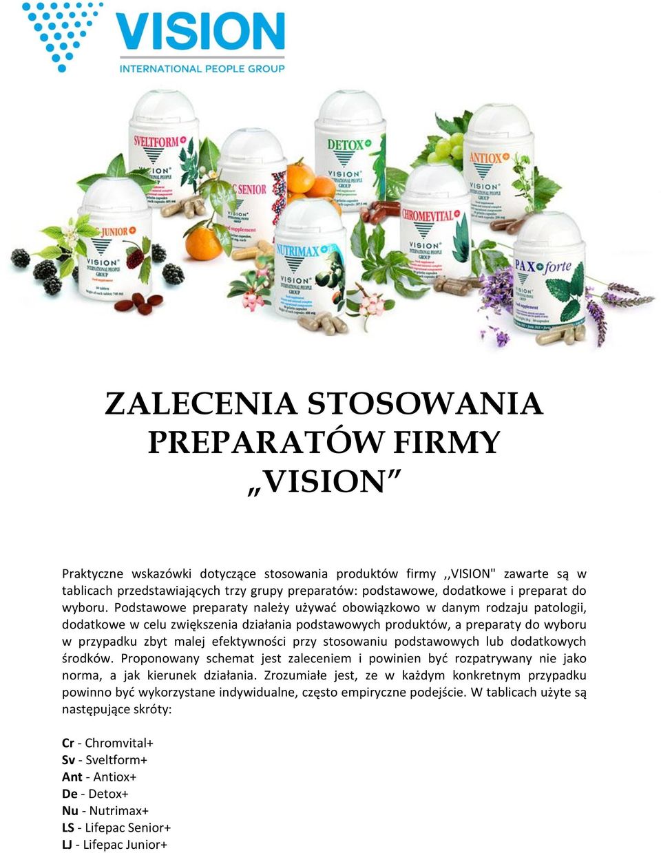 Podstawowe preparaty należy używad obowiązkowo w danym rodzaju patologii, dodatkowe w celu zwiększenia działania podstawowych produktów, a preparaty do wyboru w przypadku zbyt malej efektywności przy