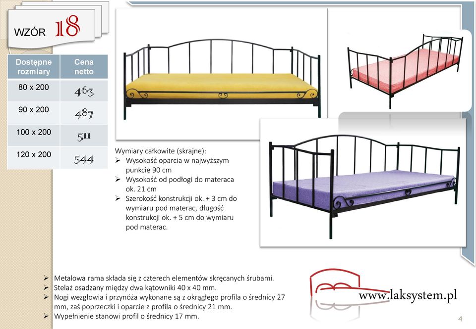 + 5 cm do wymiaru pod Metalowa rama składa się z czterech elementów skręcanych śrubami.