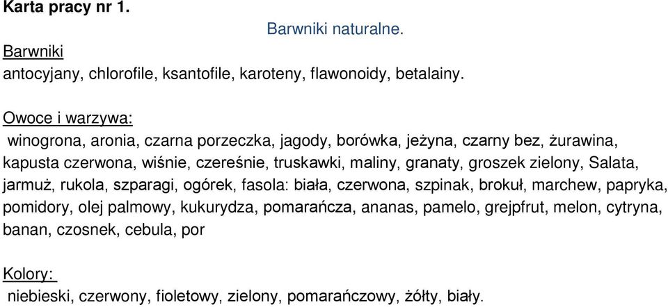 maliny, granaty, groszek zielony, Salata, jarmuż, rukola, szparagi, ogórek, fasola: biała, czerwona, szpinak, brokuł, marchew, papryka, pomidory,