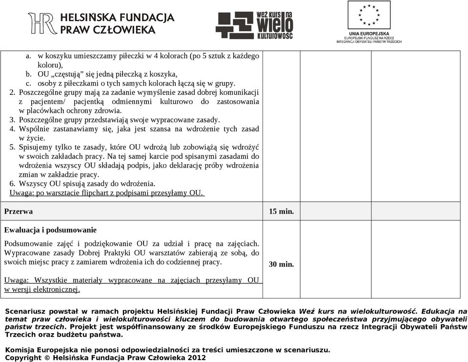 Poszczególne grupy przedstawiają swoje wypracowane zasady. 4. Wspólnie zastanawiamy się, jaka jest szansa na wdrożenie tych zasad w życie. 5.