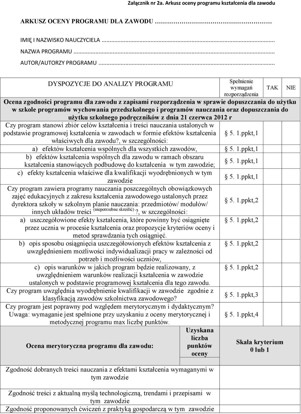 przedszkolnego i programów nauczania oraz dopuszczania do użytku szkolnego podręczników z dnia 21 czerwca 2012 r Czy program stanowi zbiór celów kształcenia i treści nauczania ustalonych w podstawie