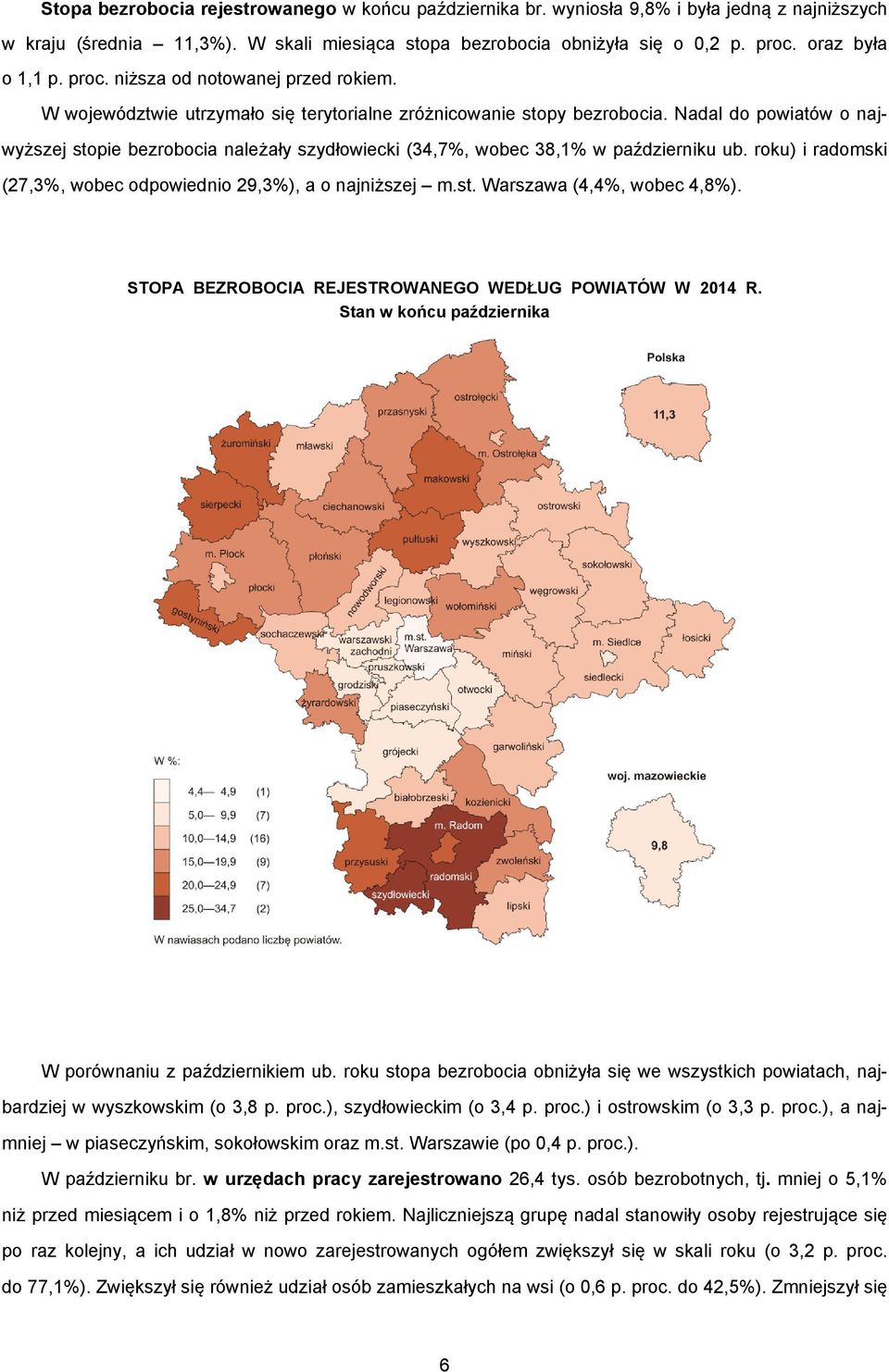 Nadal do powiatów o najwyższej stopie bezrobocia należały szydłowiecki (34,7%, wobec 38,1% w październiku ub. roku) i radomski (27,3%, wobec odpowiednio 29,3%), a o najniższej m.st. Warszawa (4,4%, wobec 4,8%).