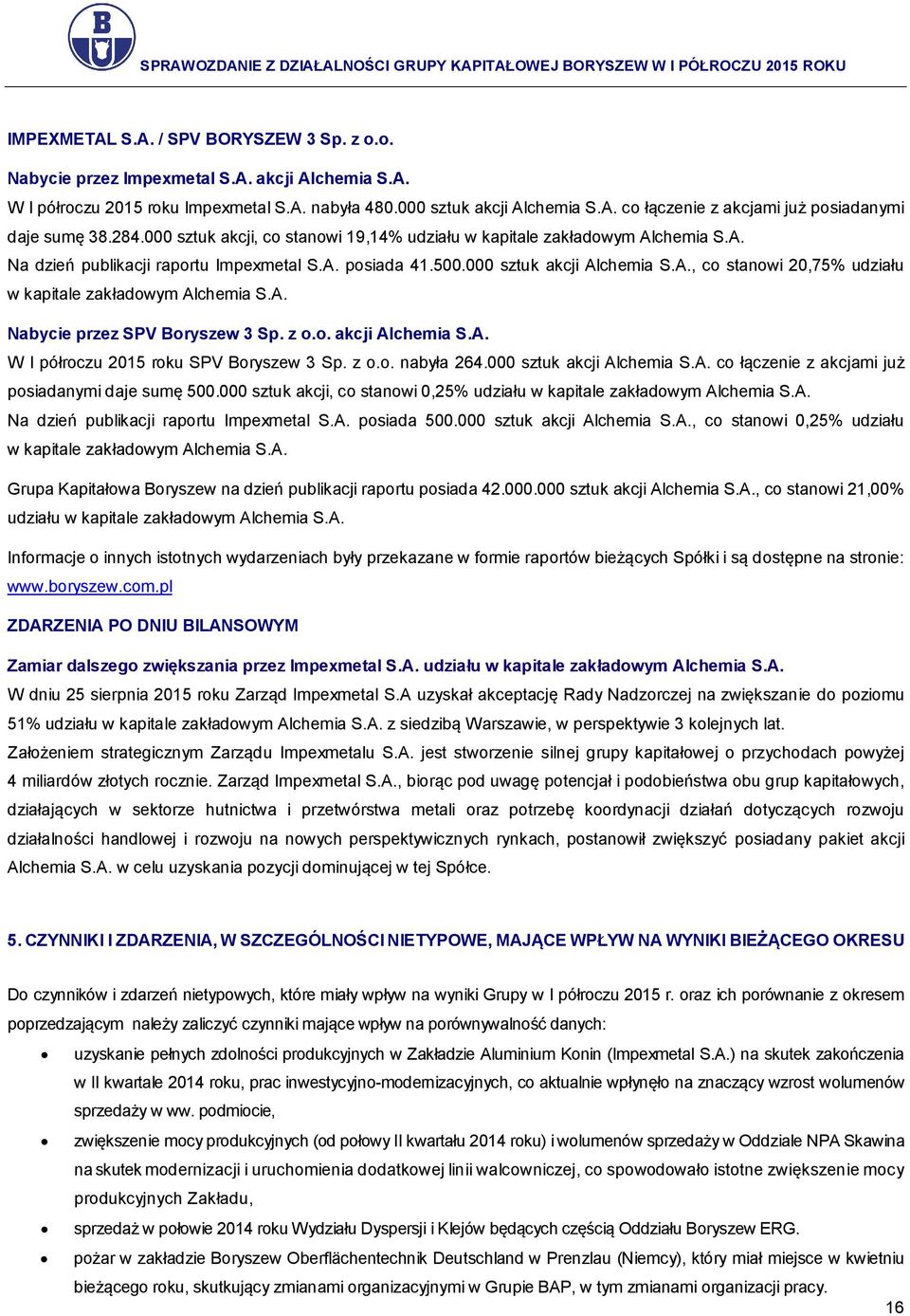 A. Nabycie przez SPV Boryszew 3 Sp. z o.o. akcji Alchemia S.A. W I półroczu 2015 roku SPV Boryszew 3 Sp. z o.o. nabyła 264.000 sztuk akcji Alchemia S.A. co łączenie z akcjami już posiadanymi daje sumę 500.