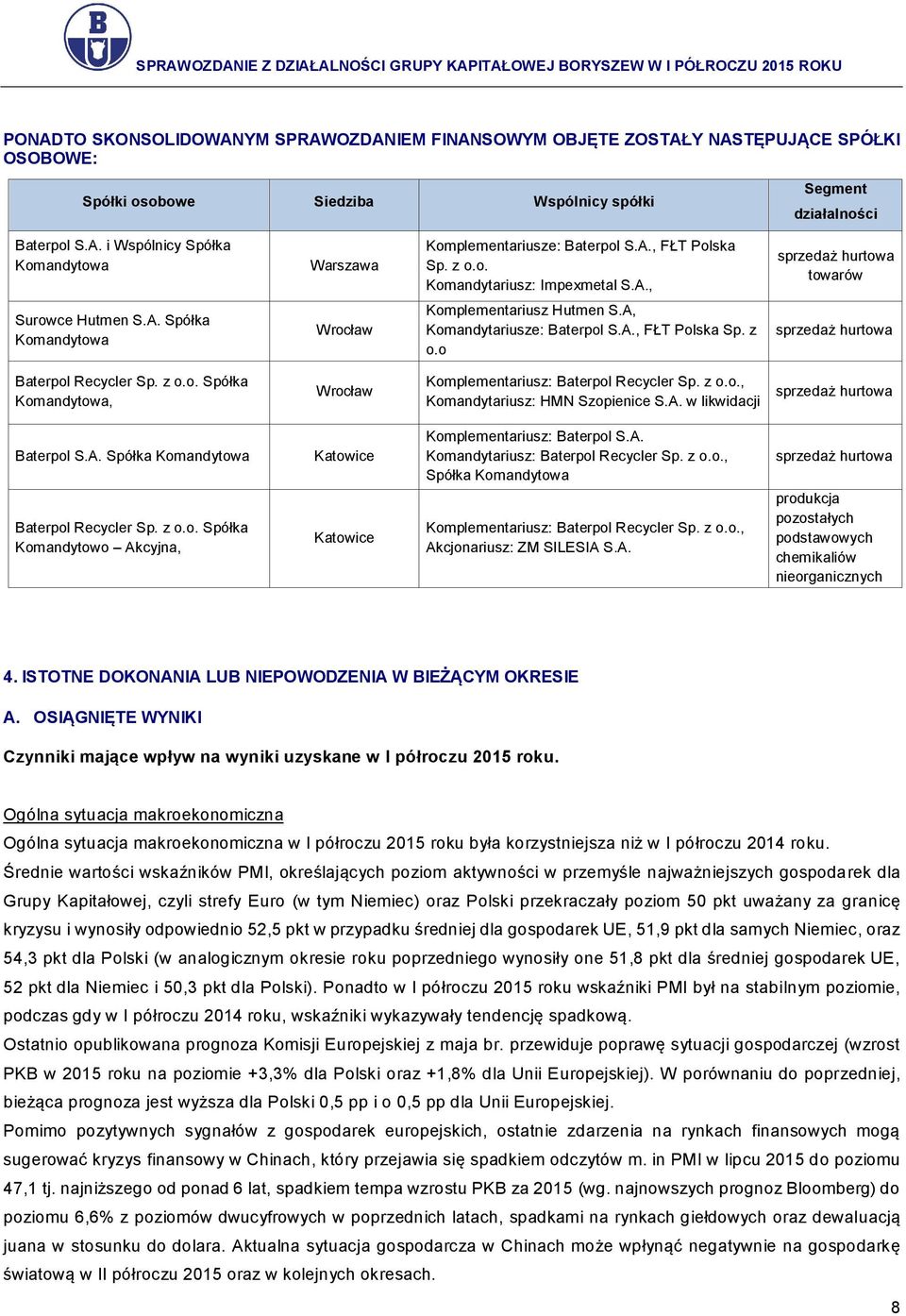 z o.o. Spółka Komandytowa, Wrocław Komplementariusz: Baterpol Recycler Sp. z o.o., Komandytariusz: HMN Szopienice S.A. w likwidacji sprzedaż hurtowa Baterpol S.A. Spółka Komandytowa Katowice Komplementariusz: Baterpol S.