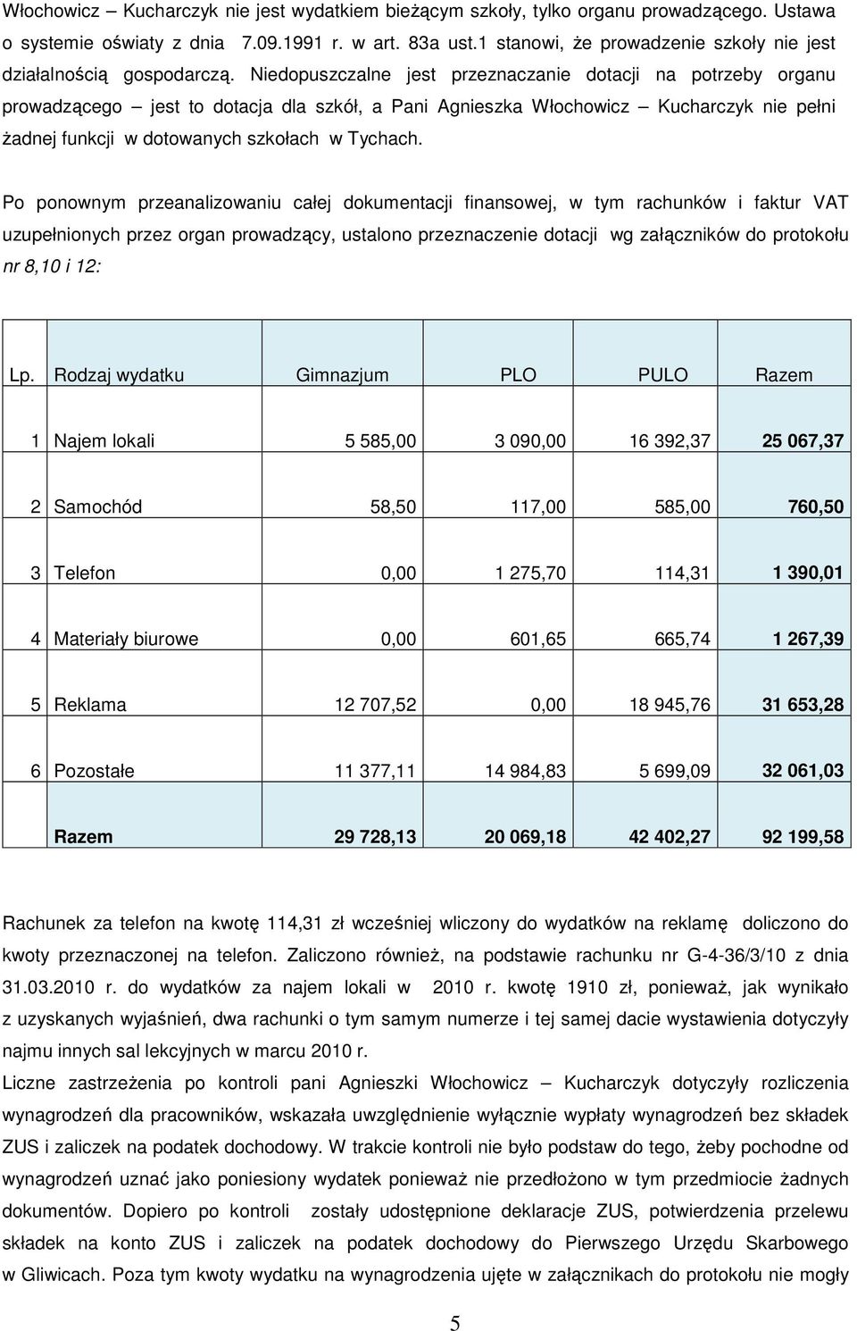 Niedopuszczalne jest przeznaczanie dotacji na potrzeby organu prowadzącego jest to dotacja dla szkół, a Pani Agnieszka Włochowicz Kucharczyk nie pełni Ŝadnej funkcji w dotowanych szkołach w Tychach.