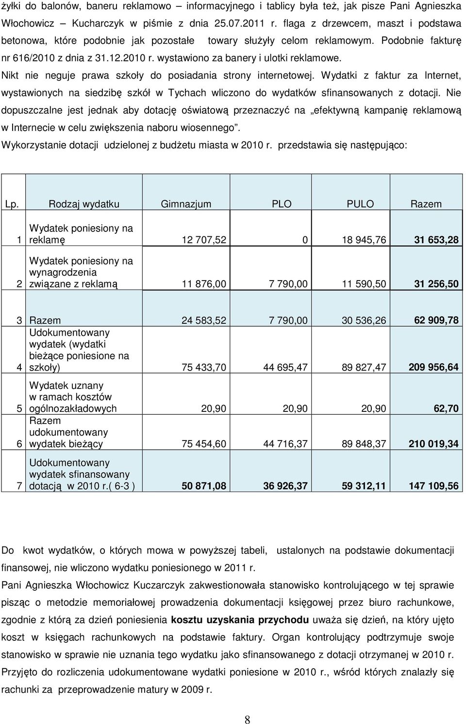 Nikt nie neguje prawa szkoły do posiadania strony internetowej. Wydatki z faktur za Internet, wystawionych na siedzibę szkół w Tychach wliczono do wydatków sfinansowanych z dotacji.