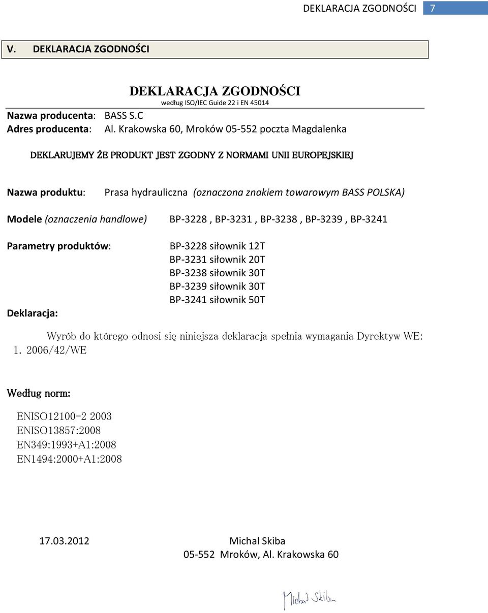 Krakowska 60, Mroków 05 Nazwa produktu: Prasa hydrauliczna (oznaczona znakiem towarowym BASS POLSKA) Modele (oznaczenia handlowe) Parametry produktów: Deklaracja: BP-3228, BP-3231, BP-3238, BP-3239,