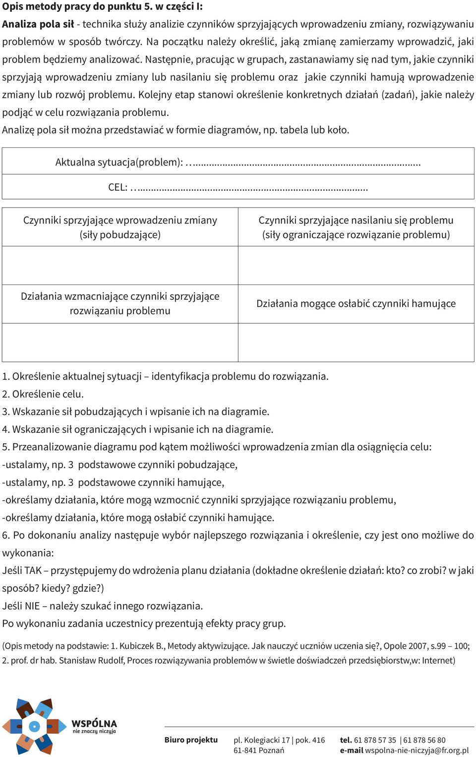 Następnie, pracując w grupach, zastanawiamy się nad tym, jakie czynniki sprzyjają wprowadzeniu zmiany lub nasilaniu się problemu oraz jakie czynniki hamują wprowadzenie zmiany lub rozwój problemu.