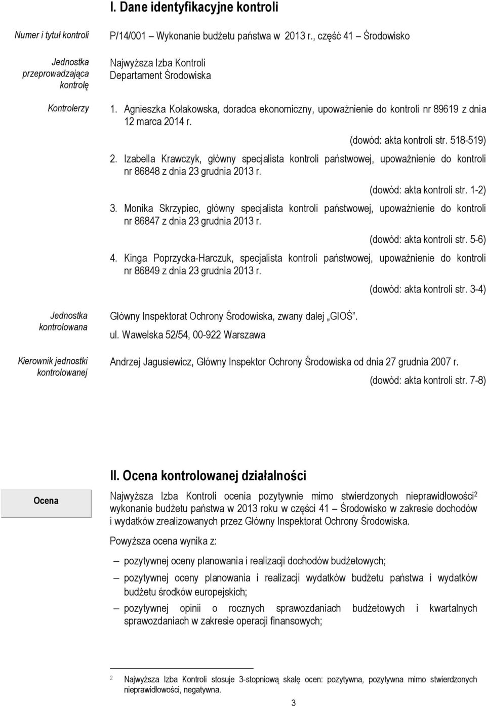 (dowód: akta kontroli str. 518-519) 2. Izabella Krawczyk, główny specjalista kontroli państwowej, upoważnienie do kontroli nr 86848 z dnia 23 grudnia 2013 r. (dowód: akta kontroli str. 1-2) 3.
