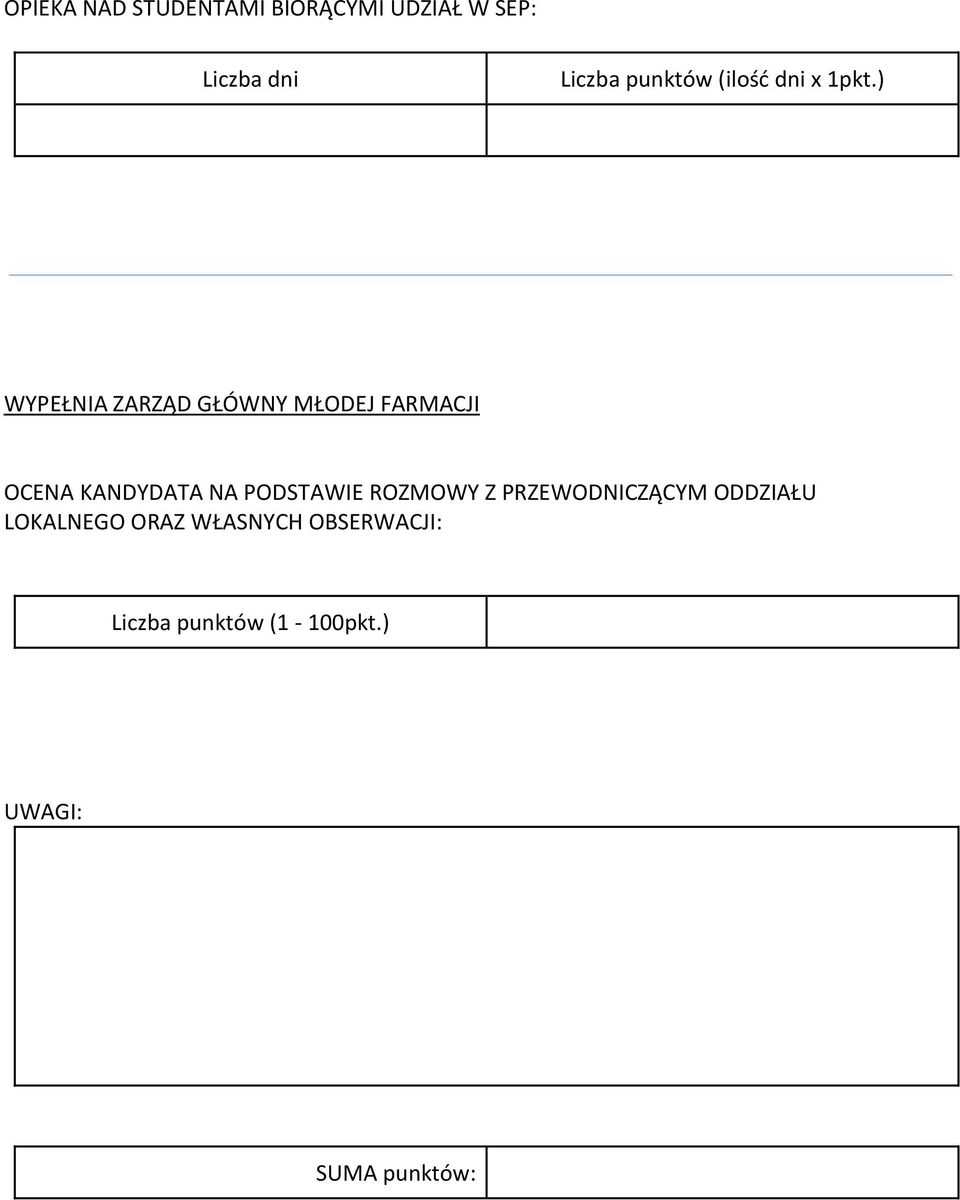 ) WYPEŁNIA ZARZĄD GŁÓWNY MŁODEJ FARMACJI OCENA KANDYDATA NA PODSTAWIE