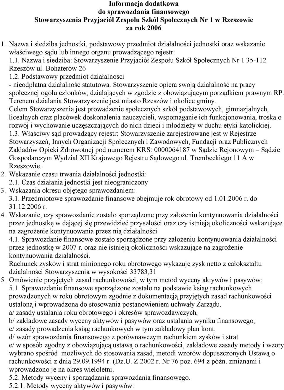 1. Nazwa i siedziba: Stowarzyszenie Przyjaciół Zespołu Szkół Społecznych Nr 1 35112 Rzeszów ul. Bohaterów 26 1.2. Podstawowy przedmiot działalności nieodpłatna działalność statutowa.