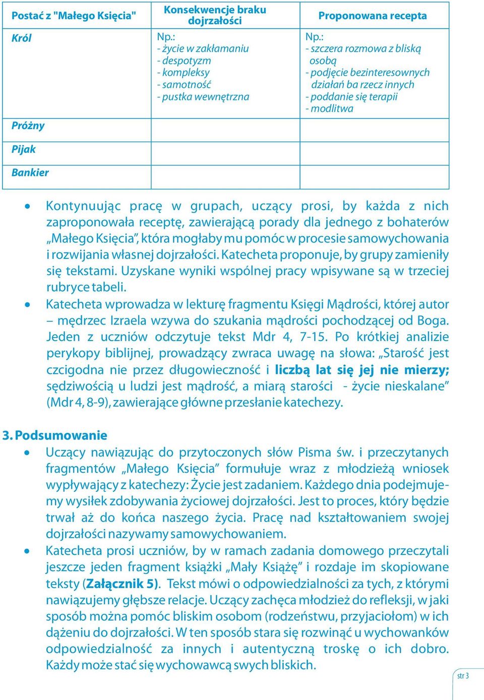 receptę, zawierającą porady dla jednego z bohaterów Małego Księcia, która mogłaby mu pomóc w procesie samowychowania i rozwijania własnej dojrzałości.