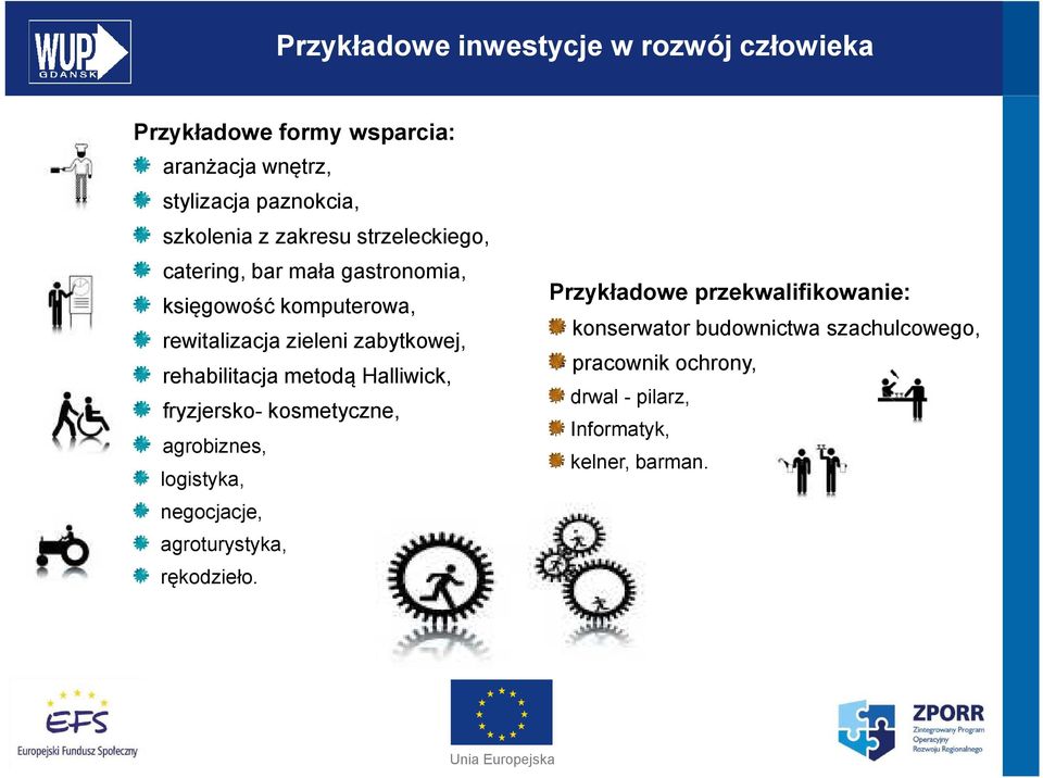 rehabilitacja metodą Halliwick, fryzjersko- kosmetyczne, agrobiznes, logistyka, negocjacje, agroturystyka, rękodzieło.