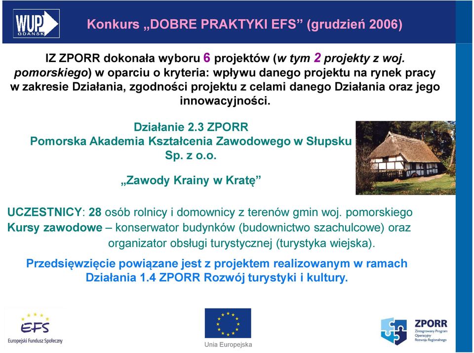 Działanie 2.3 ZPORR Pomorska Akademia Kształcenia Zawodowego w Słupsku Sp. z o.o. Zawody Krainy w Kratę UCZESTNICY: 28 osób rolnicy i domownicy z terenów gmin woj.