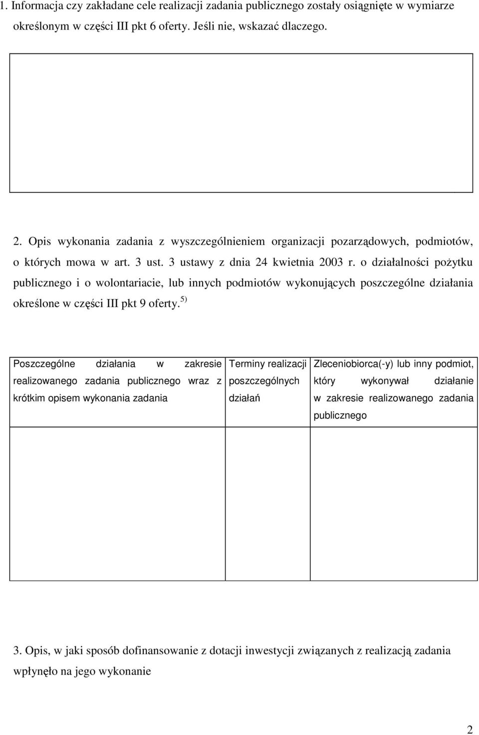 o działalności pożytku i o wolontariacie, lub innych podmiotów wykonujących poszczególne działania określone w części III pkt 9 oferty.