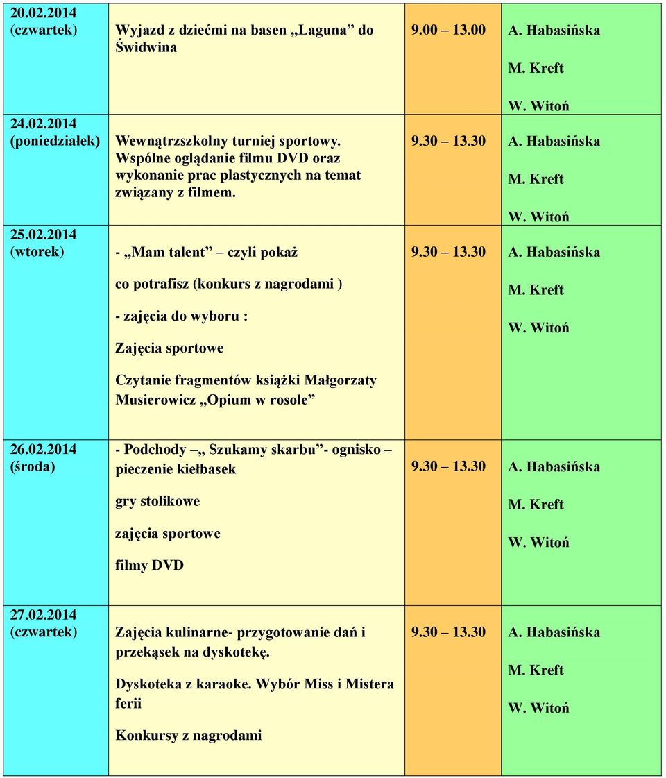 - Mam talent czyli pokaż co potrafisz (konkurs z nagrodami ) - zajęcia do wyboru : Zajęcia sportowe Czytanie fragmentów książki Małgorzaty Musierowicz Opium w rosole