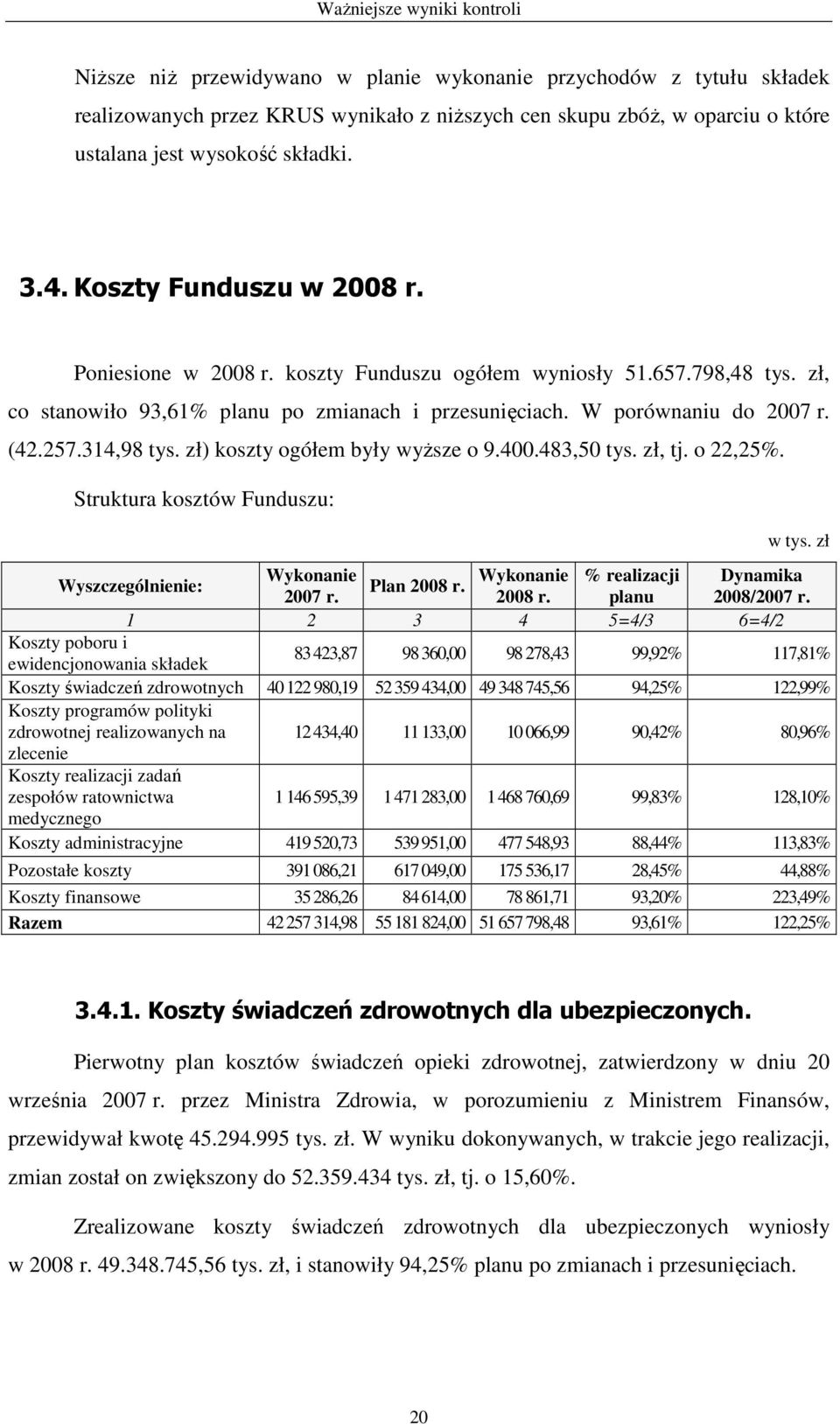 314,98 tys. zł) koszty ogółem były wyŝsze o 9.400.483,50 tys. zł, tj. o 22,25%. Struktura kosztów Funduszu: w tys. zł Wyszczególnienie: Wykonanie Plan 2008 r. Wykonanie % realizacji Dynamika 2007 r.