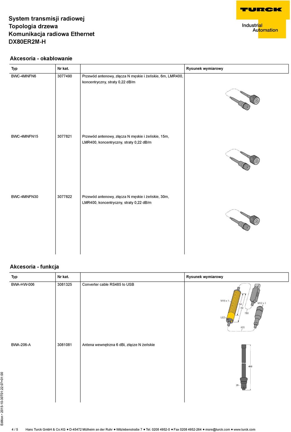 koncentryczny, straty 0,22 db/m Akcesoria - funkcja BWA-HW-006 3081325 Converter cable RS485 to USB BWA-206-A 3081081 Antena wewnętrzna 6 dbi, złącze N