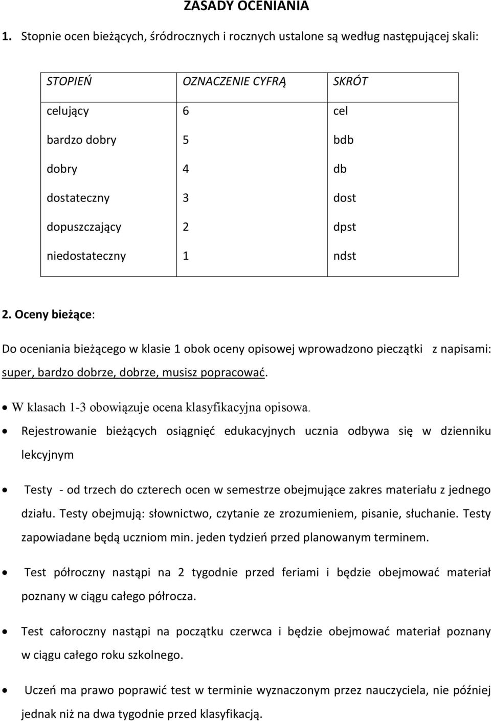 cel bdb db dost dpst ndst 2. Oceny bieżące: Do oceniania bieżącego w klasie 1 obok oceny opisowej wprowadzono pieczątki z napisami: super, bardzo dobrze, dobrze, musisz popracowad.