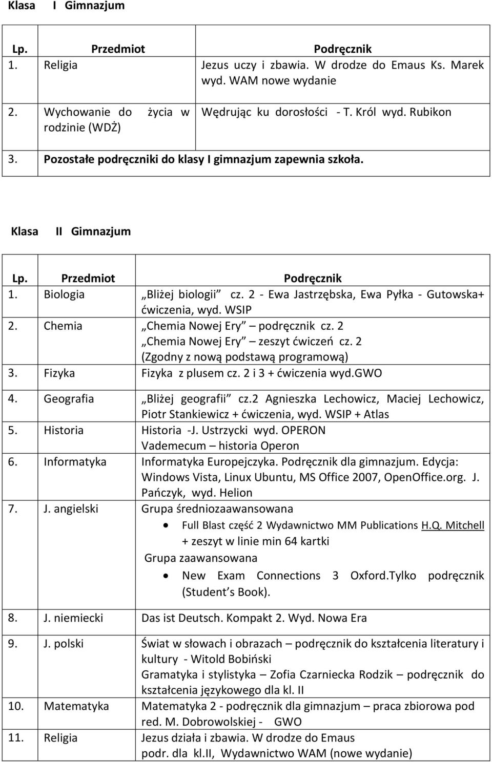 Chemia Chemia Nowej Ery podręcznik cz. 2 Chemia Nowej Ery zeszyt ćwiczeń cz. 2 (Zgodny z nową podstawą programową) 3. Fizyka Fizyka z plusem cz. 2 i 3 + ćwiczenia wyd.gwo 4.