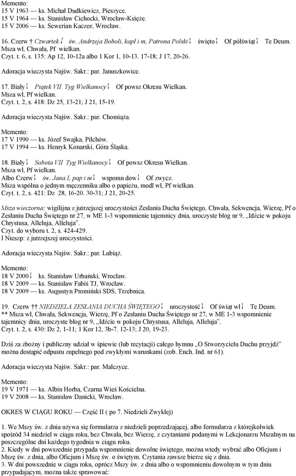 Sakr.: par. Januszkowice. 17. Biały Piątek VII Tyg Wielkanocy Of powsz Okresu Wielkan. Czyt. t. 2, s. 418: Dz 25, 13-21; J 21, 15-19. Adoracja wieczysta Najśw. Sakr.: par. Chomiąża. 17 V 1990 ks.