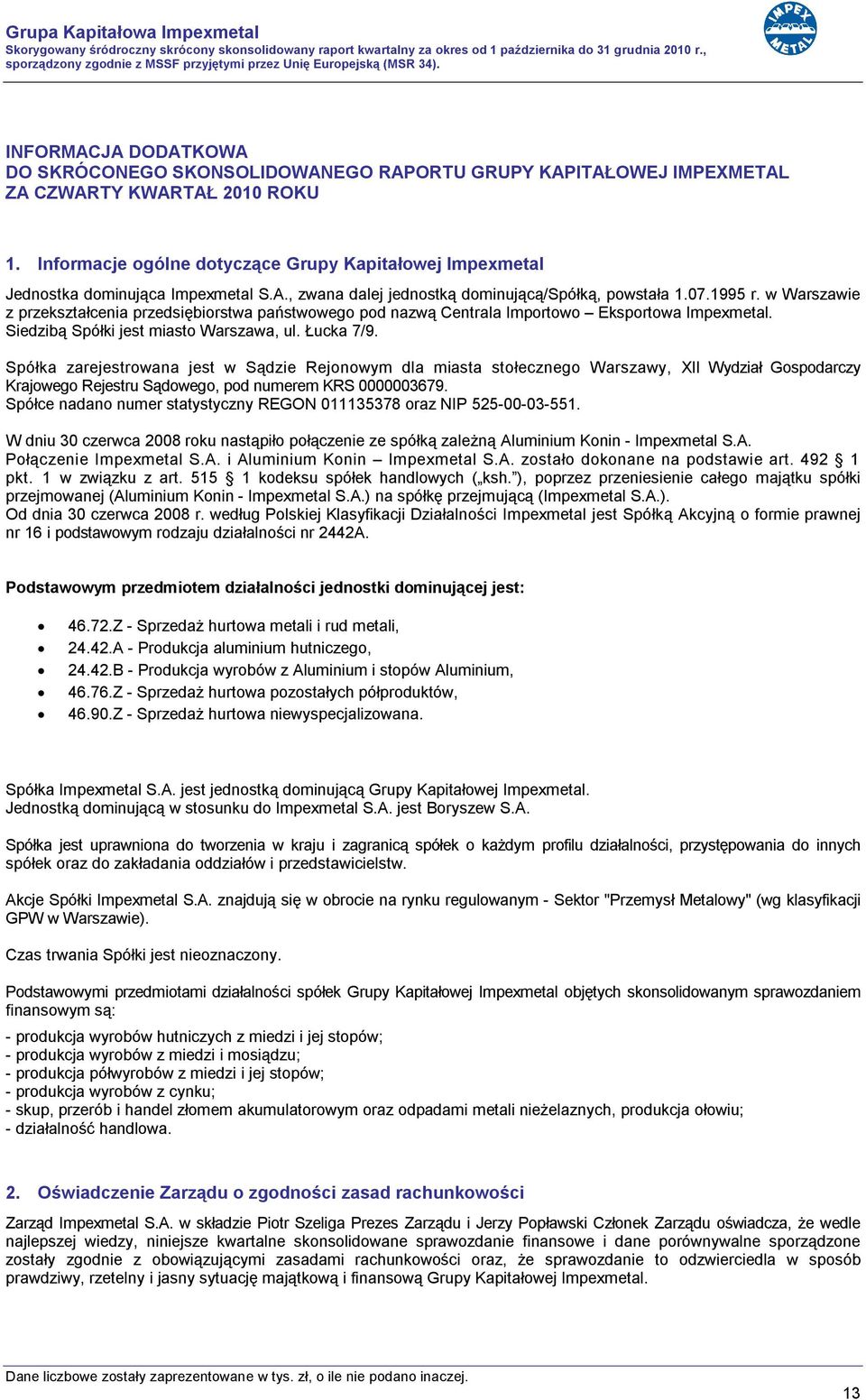 w Warszawie z przekształcenia przedsiębiorstwa państwowego pod nazwą Centrala Importowo Eksportowa Impexmetal. Siedzibą Spółki jest miasto Warszawa, ul. Łucka 7/9.