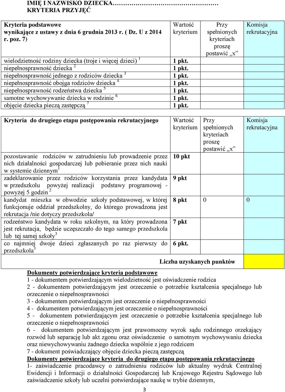 rodzeństwa dziecka 5 samotne wychowywanie dziecka w rodzinie 6 objęcie dziecka pieczą zastępczą 7 Wartość kryterium Przy spełnionych kryteriach proszę postawić x Komisja rekrutacyjna Kryteria do