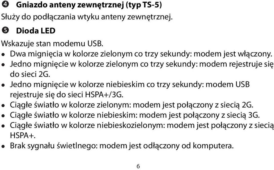 Jedno mignięcie w kolorze niebieskim co trzy sekundy: modem USB rejestruje się do sieci HSPA+/3G.