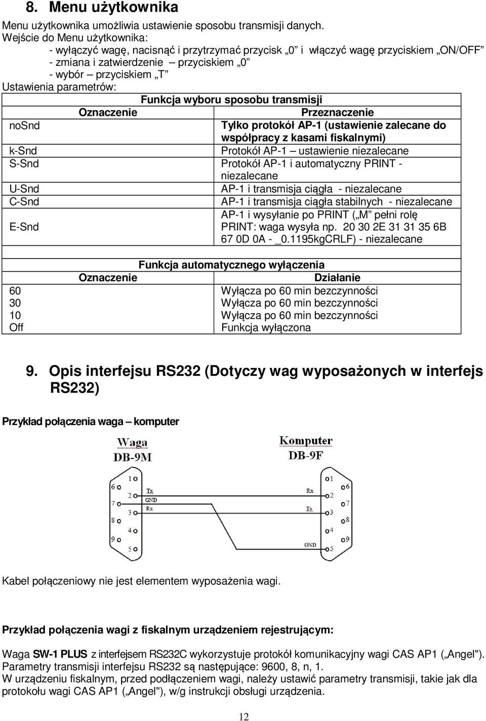 Funkcja wyboru sposobu transmisji Oznaczenie Przeznaczenie nosnd Tylko protokół AP-1 (ustawienie zalecane do współpracy z kasami fiskalnymi) k-snd Protokół AP-1 ustawienie niezalecane S-Snd Protokół