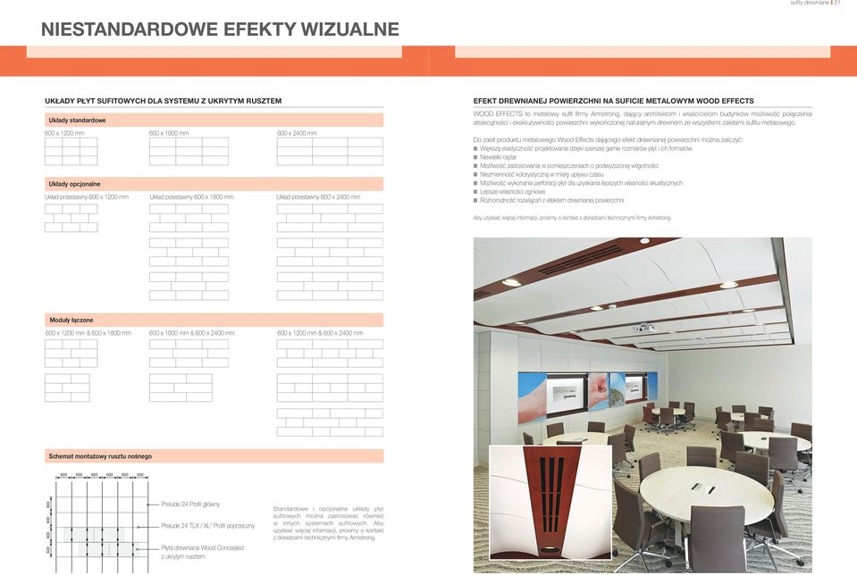 dający architektom i właścicielom budynków możliwość połączenia atrakcyjności i ekskluzywności powierzchni wykończonej naturalnym drewnem ze wszystkimi zaletami sufitu metalowego.