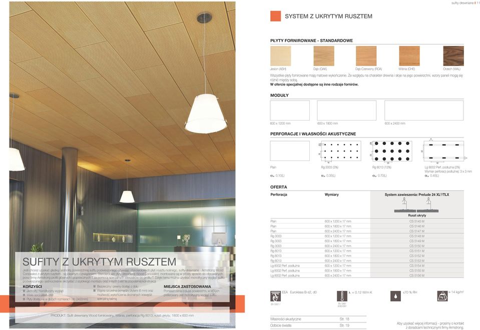 MODUŁY 600 x 1200 mm 600 x 1800 mm 600 x 2400 mm PERFORACJE I WŁASNOŚCI AKUSTYCZNE 8 3 16 Ø3 20 Ø8 32 Plain a w 0.10(L) 16 Rg 3003 (3%) a w 0.35(L) Rg 8013 (13%) a w 0.70(L) 20 32 Lg 8002 Perf.