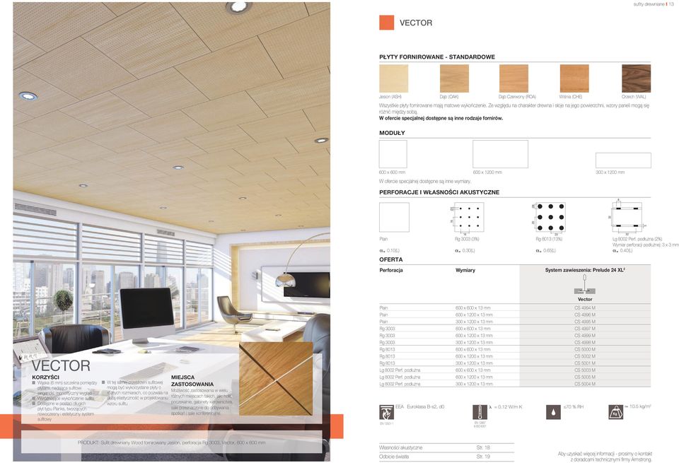 MODUŁY 600 x 600 mm 600 x 1200 mm 300 x 1200 mm W ofercie specjalnej dostępne są inne wymiary. PERFORACJE I WŁASNOŚCI AKUSTYCZNE 8 3 16 Ø3 20 Ø8 32 Plain a w 0.10(L) 16 Rg 3003 (3%) a w 0.