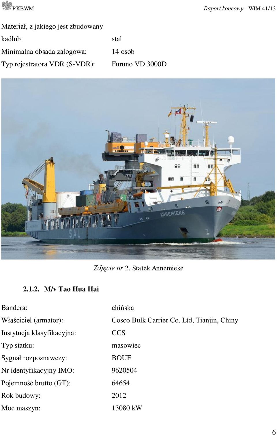 Statek Annemieke 2.1.2. M/v Tao Hua Hai Bandera: chińska Właściciel (armator): Cosco Bulk Carrier Co.