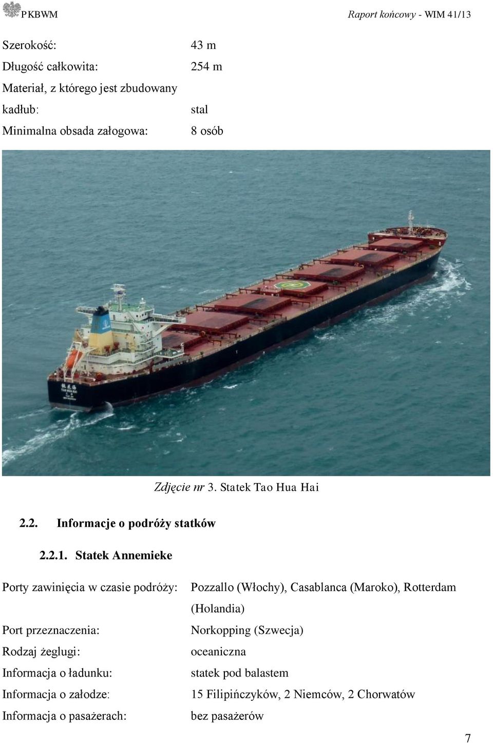 Statek Annemieke Porty zawinięcia w czasie podróży: Port przeznaczenia: Rodzaj żeglugi: Informacja o ładunku: Informacja o