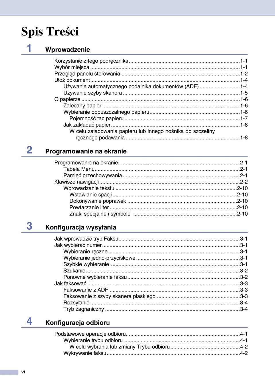 ..1-8 W celu załadowania papieru lub innego nośnika do szczeliny ręcznego podawania...1-8 2 Programowanie na ekranie Programowanie na ekranie...2-1 Tabela Menu...2-1 Pamięć przechowywania.