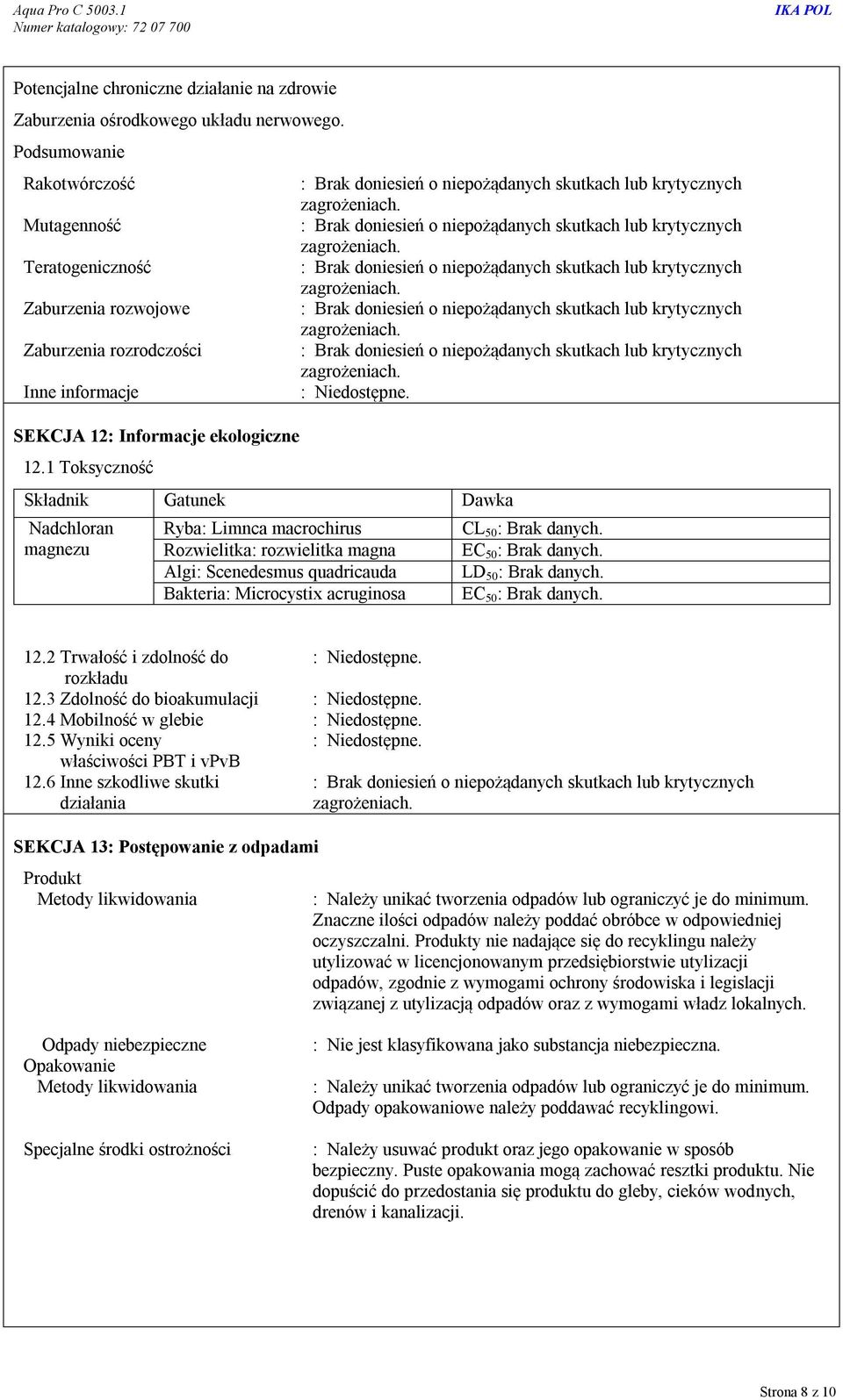 1 Toksyczność Składnik Gatunek Dawka Nadchloran magnezu Ryba: Limnca macrochirus Rozwielitka: rozwielitka magna Algi: Scenedesmus quadricauda Bakteria: Microcystix acruginosa CL 50 EC 50 LD 50 EC 50