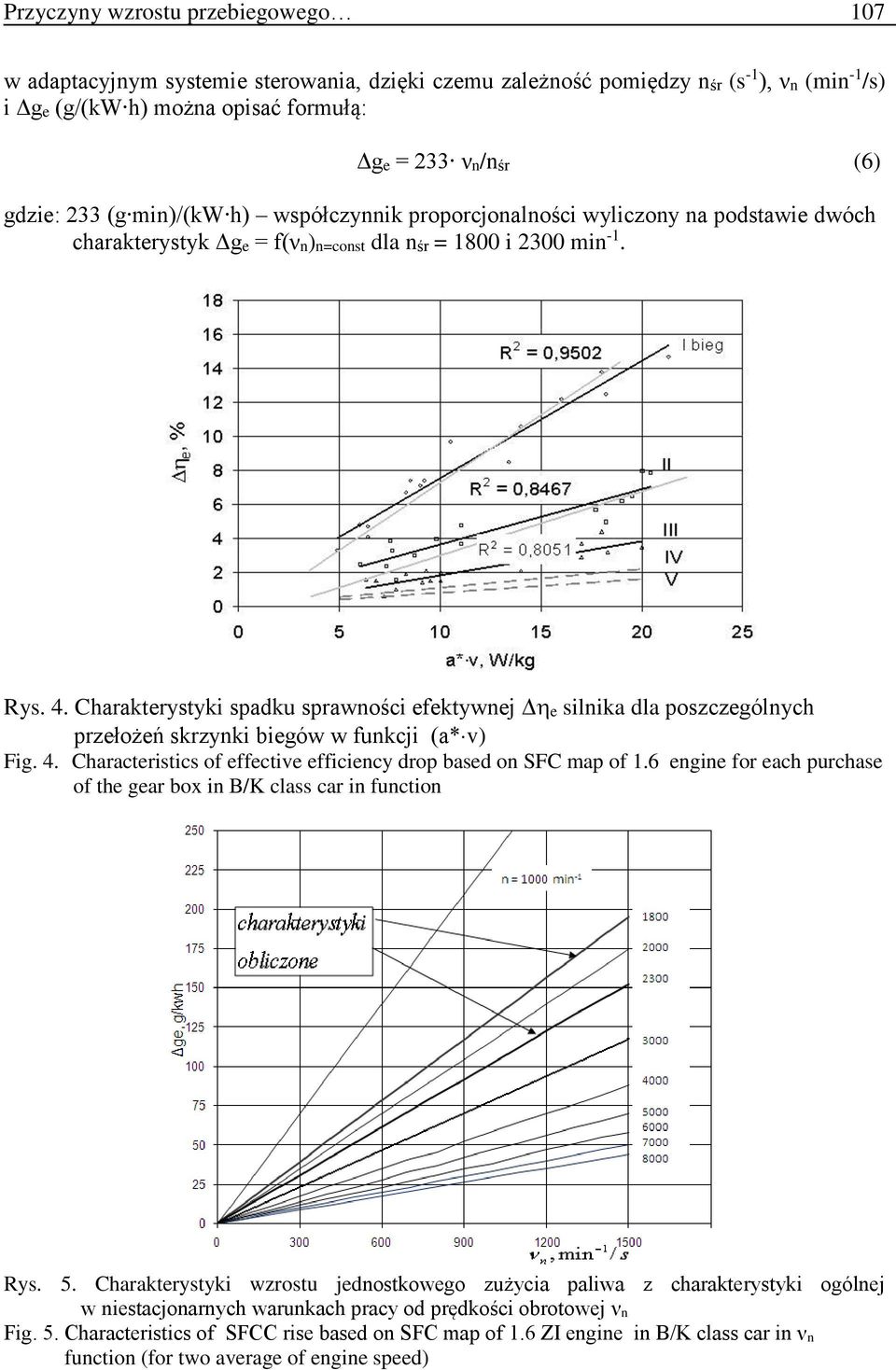 Charakterystyki spadku sprawności efektywnej e silnika dla poszczególnych przełożeń skrzynki biegów w funkcji (a* v) Fig. 4. Characteristics of effective efficiency drop based on SFC map of 1.