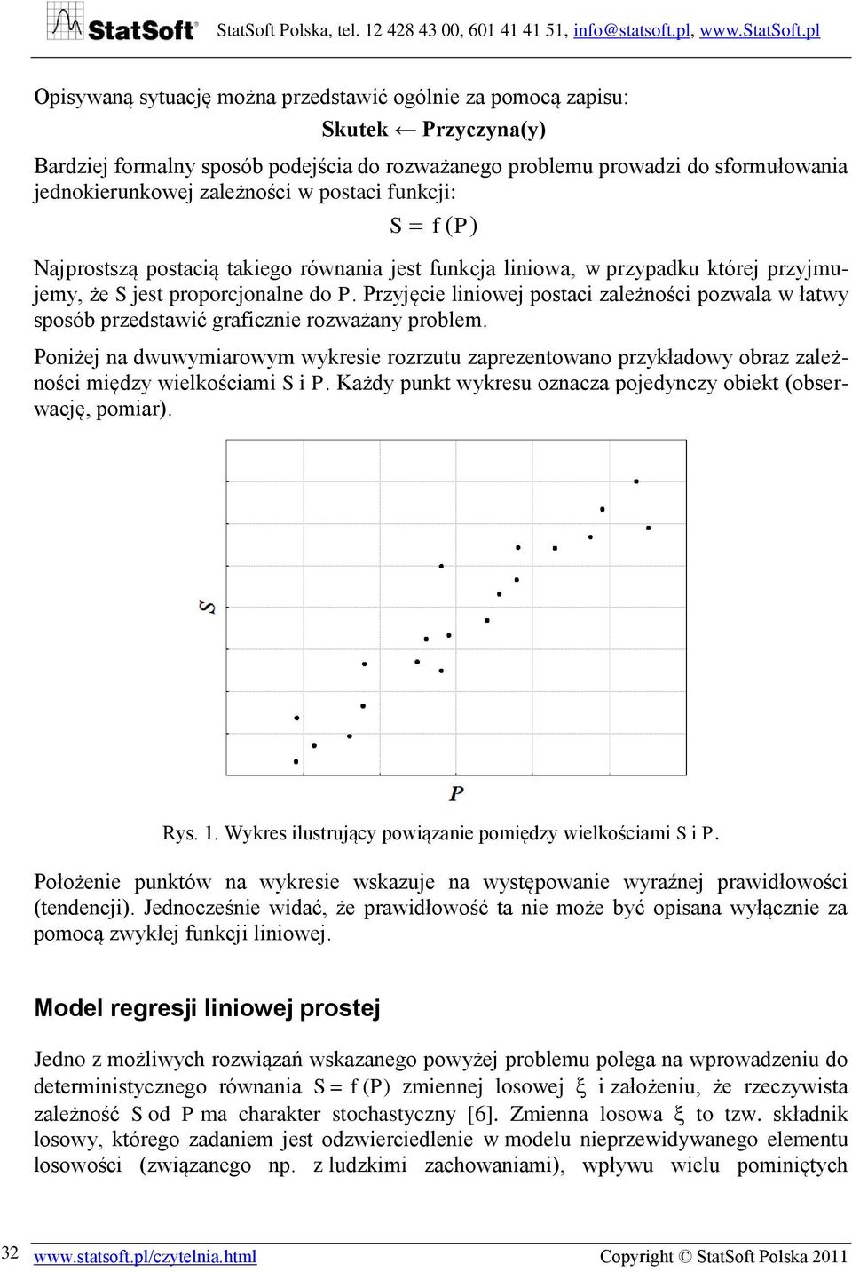 Przyjęce lnowej postac zależnośc pozwala w łatwy sposób przedstawć grafczne rozważany problem. Ponżej na dwuwymarowym wykrese rozrzutu zaprezentowano przykładowy obraz zależnośc mędzy welkoścam S P.