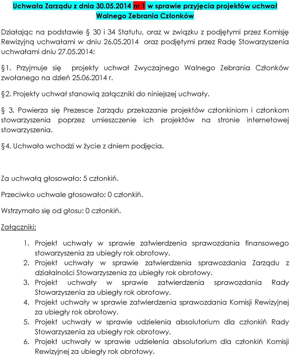 2014 oraz podjętymi przez Radę Stowarzyszenia uchwałami dniu 27.05.2014: 1. Przyjmuje się projekty uchwał Zwyczajnego Walnego Zebrania Członków zwołanego na dzień 25.06.2014 r. 2. Projekty uchwał stanowią załączniki do niniejszej uchwały.
