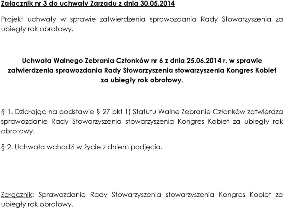 z dnia 25.06.2014 r. w sprawie zatwierdzenia sprawozdania Rady Stowarzyszenia stowarzyszenia Kongres Kobiet 1.