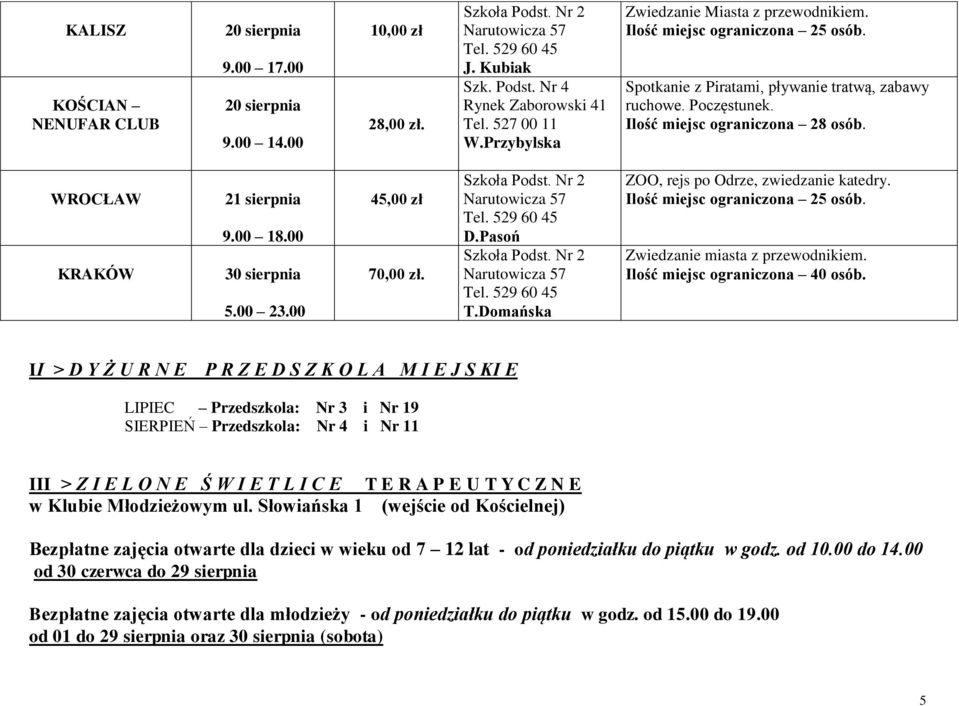 WROCŁAW KRAKÓW 21 sierpnia 9.00 18.00 30 sierpnia 5.00 23.00 45,00 zł 70,00 zł. Szkoła Podst. Nr 2 Narutowicza 57 Tel. 529 60 45 D.Pasoń Szkoła Podst. Nr 2 Narutowicza 57 Tel. 529 60 45 T.