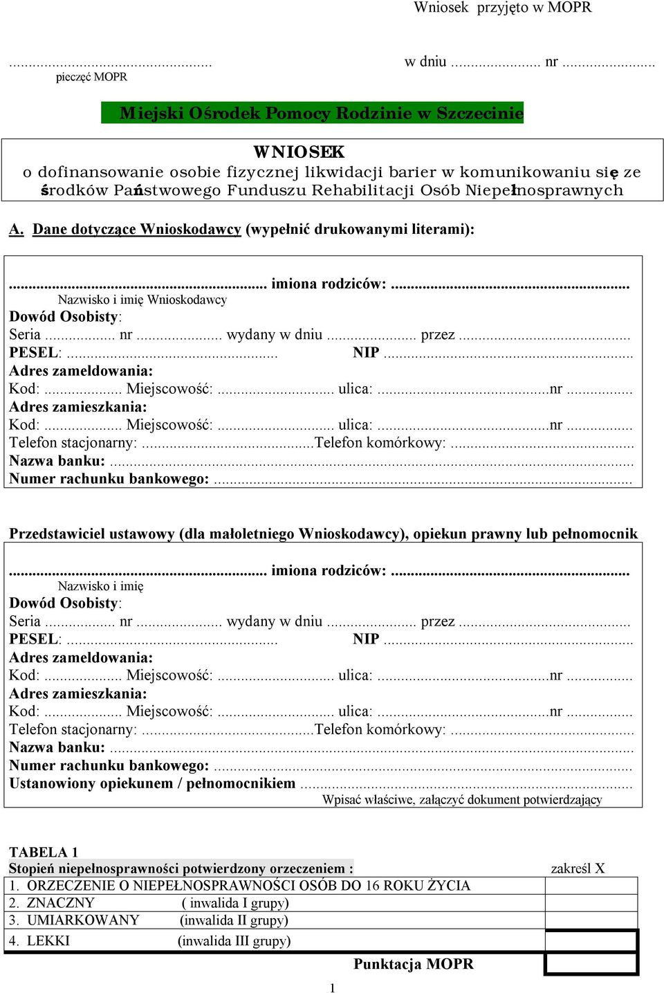 Niepełnosprawnych A. Dane dotyczące Wnioskodawcy (wypełnić drukowanymi literami):... imiona rodziców:... Nazwisko i imię Wnioskodawcy Dowód Osobisty: Seria... nr... wydany w dniu... przez... PESEL:.