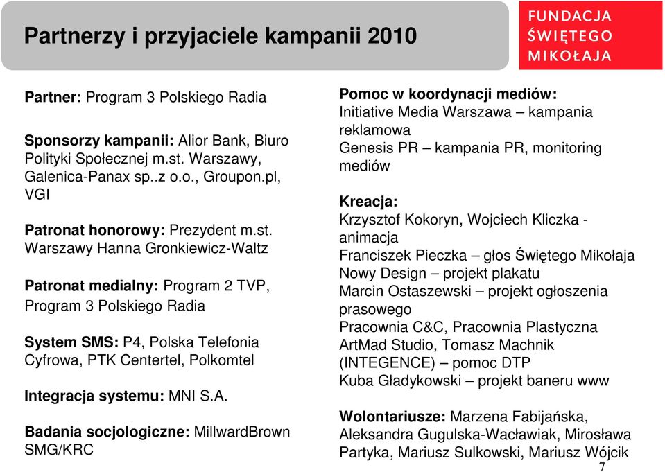 Warszawy Hanna Gronkiewicz-Waltz Patronat medialny: Program 2 TVP, Program 3 Polskiego Radia System SMS: P4, Polska Telefonia Cyfrowa, PTK Centertel, Polkomtel Integracja systemu: MNI S.A.