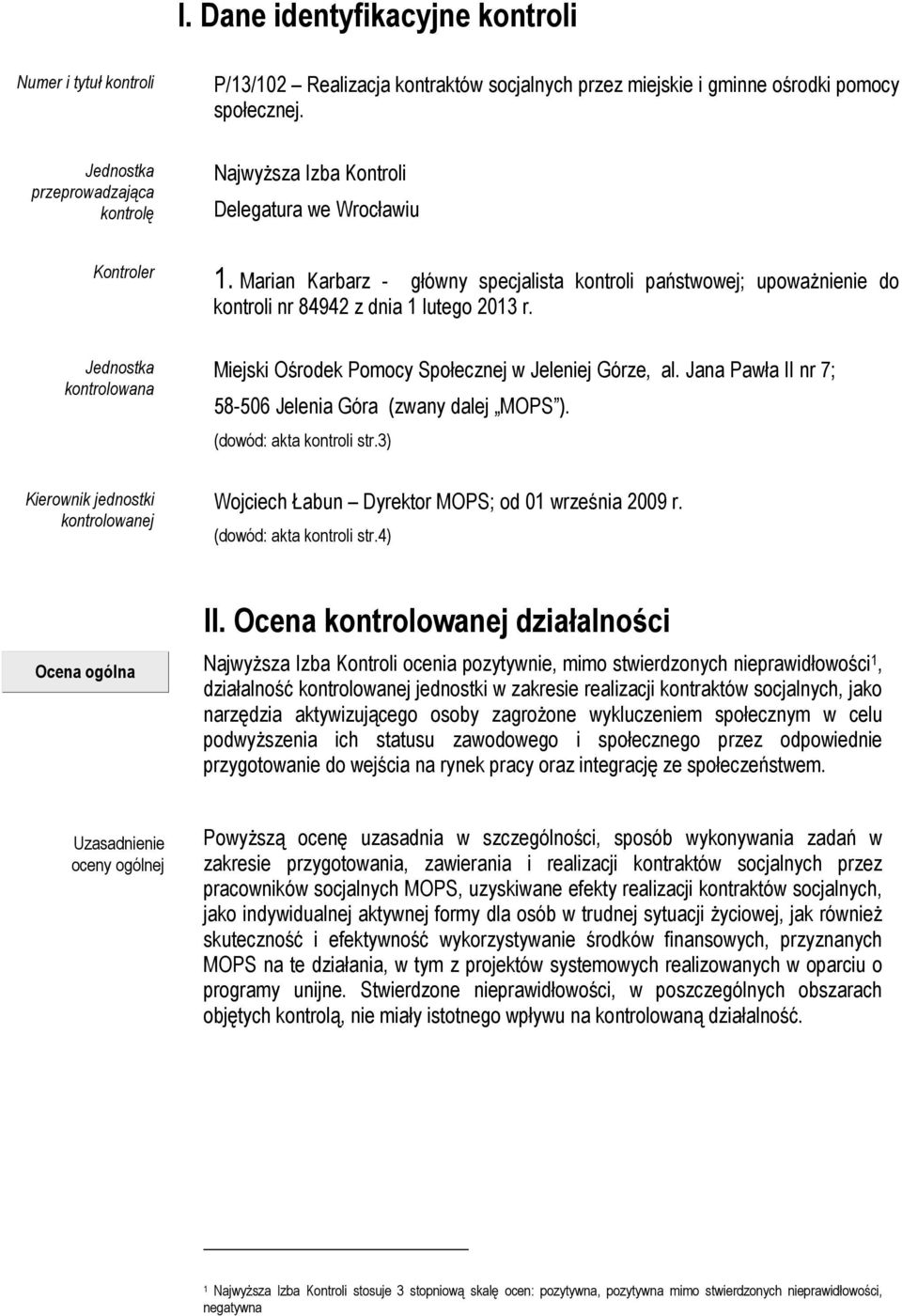 Marian Karbarz - główny specjalista kontroli państwowej; upoważnienie do kontroli nr 84942 z dnia 1 lutego 2013 r. Jednostka kontrolowana Miejski Ośrodek Pomocy Społecznej w Jeleniej Górze, al.