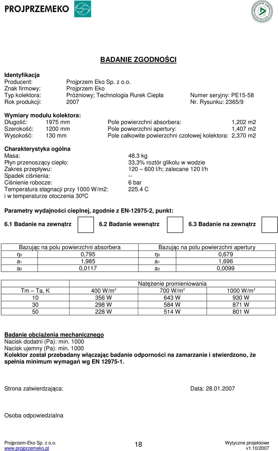 czołowej kolektora: 2,370 m2 Charakterystyka ogólna Masa: 48.