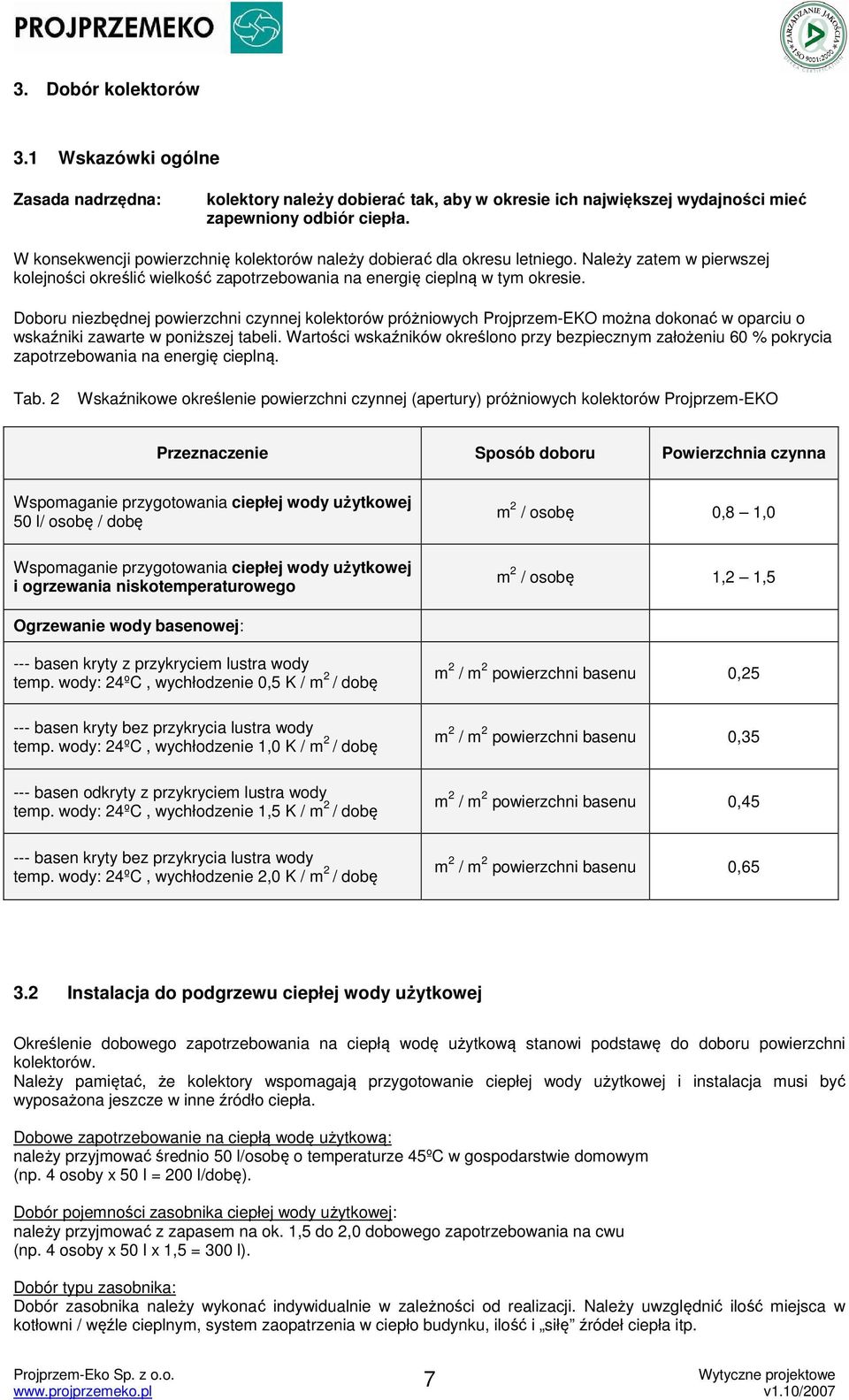 Doboru niezbędnej powierzchni czynnej kolektorów próżniowych Projprzem-EKO można dokonać w oparciu o wskaźniki zawarte w poniższej tabeli.