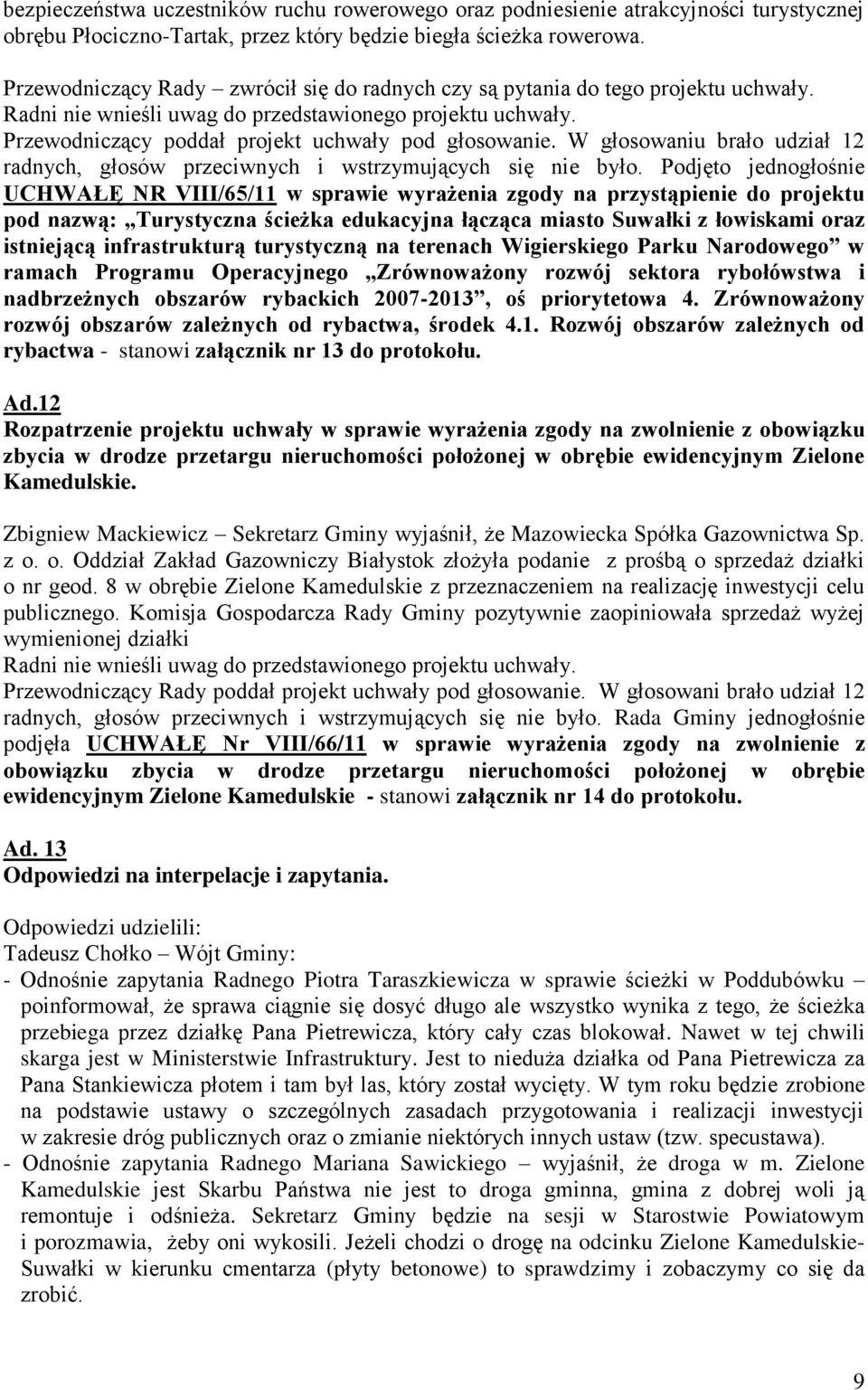 W głosowaniu brało udział 12 radnych, głosów przeciwnych i wstrzymujących się nie było.