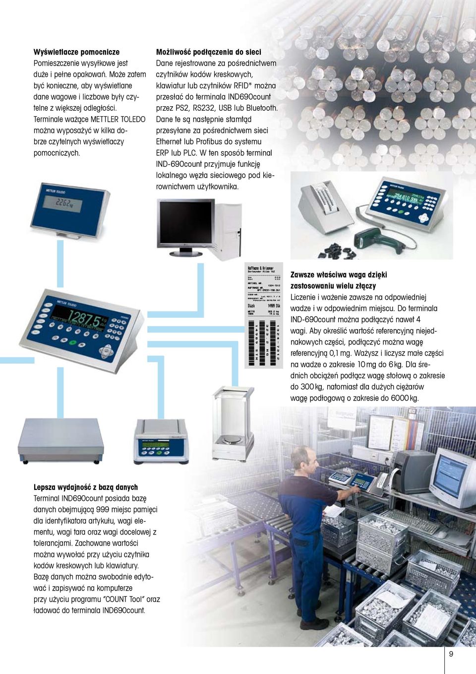 Możliwość podłączenia do sieci Dane rejestrowane za pośrednictwem czytników kodów kreskowych, klawiatur lub czytników RFID* można przesłać do terminala IND690count przez PS2, RS232, USB lub Bluetooth.