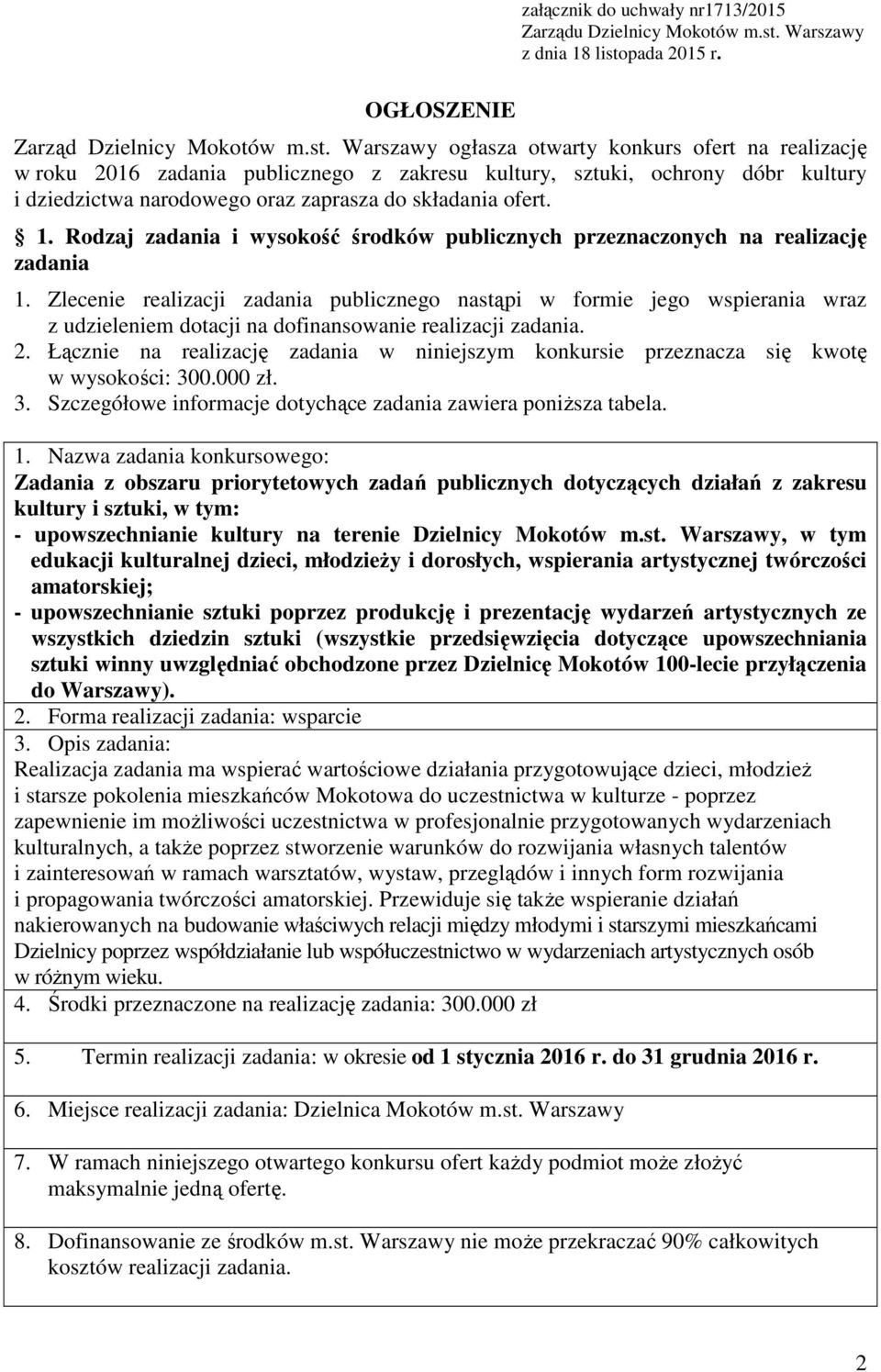 pada 2015 r. OGŁOSZENIE Zarząd Dzielnicy Mokotów m.st.