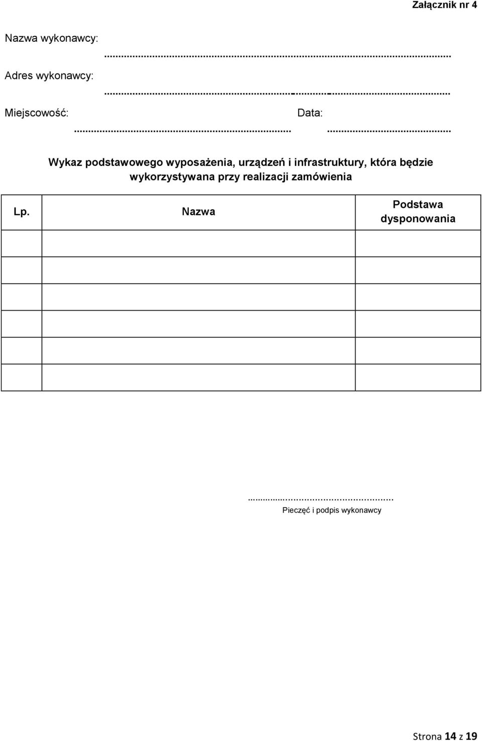 która będzie wykorzystywana przy realizacji zamówienia Lp.